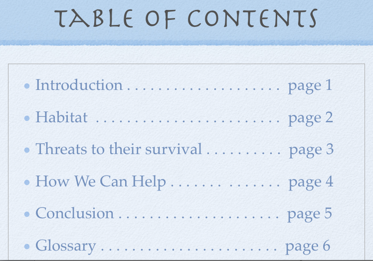 project table of contents example